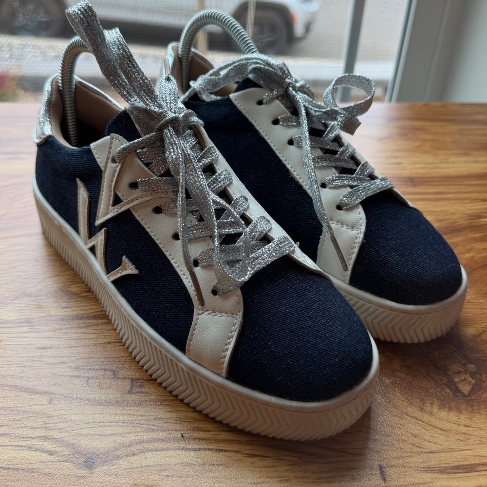 Vanessa Vu Navy Blue Denim Gaia Monogrammed Sneakers Sz US 6.5